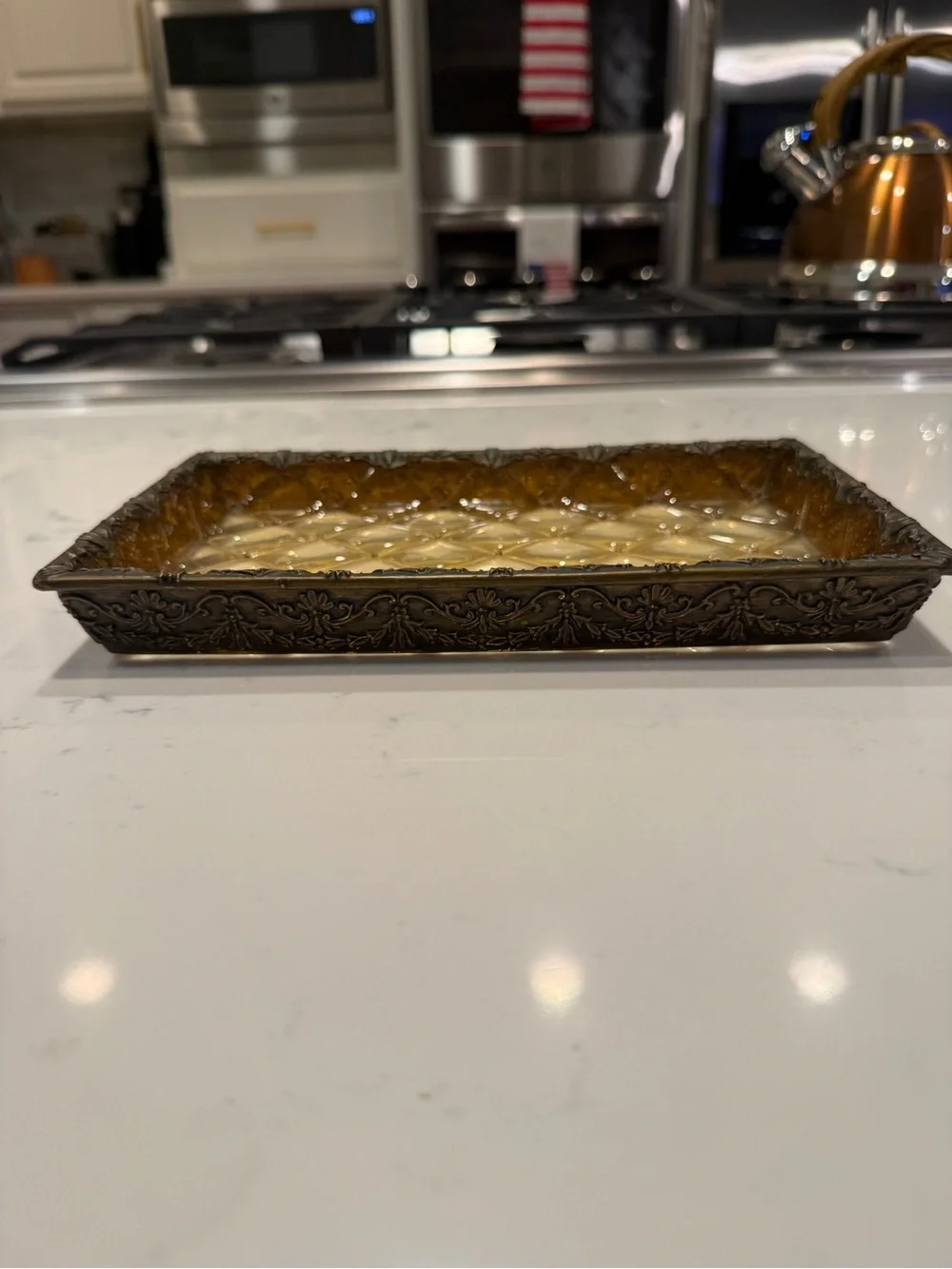 Vintage Amber Faux Glass Decorative Vanity Tray Brass Tone Filigree Catchall